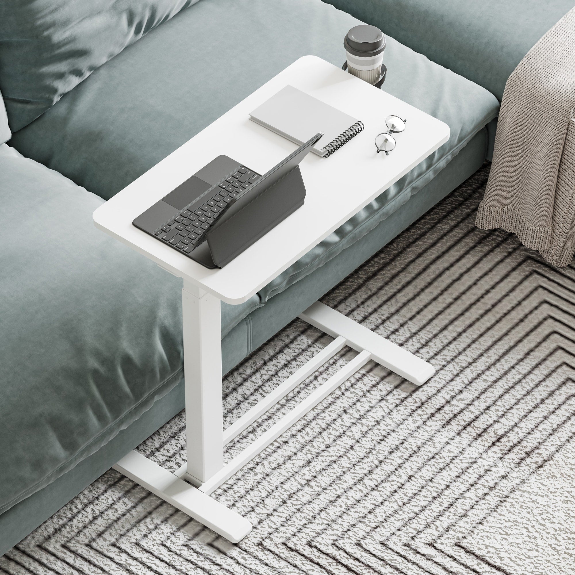 FunniHomi 28/32 Movable Overbed Table Height Adjustable Computer Desk with Wheels, White/Black Laptop Table for Bed and Sofa