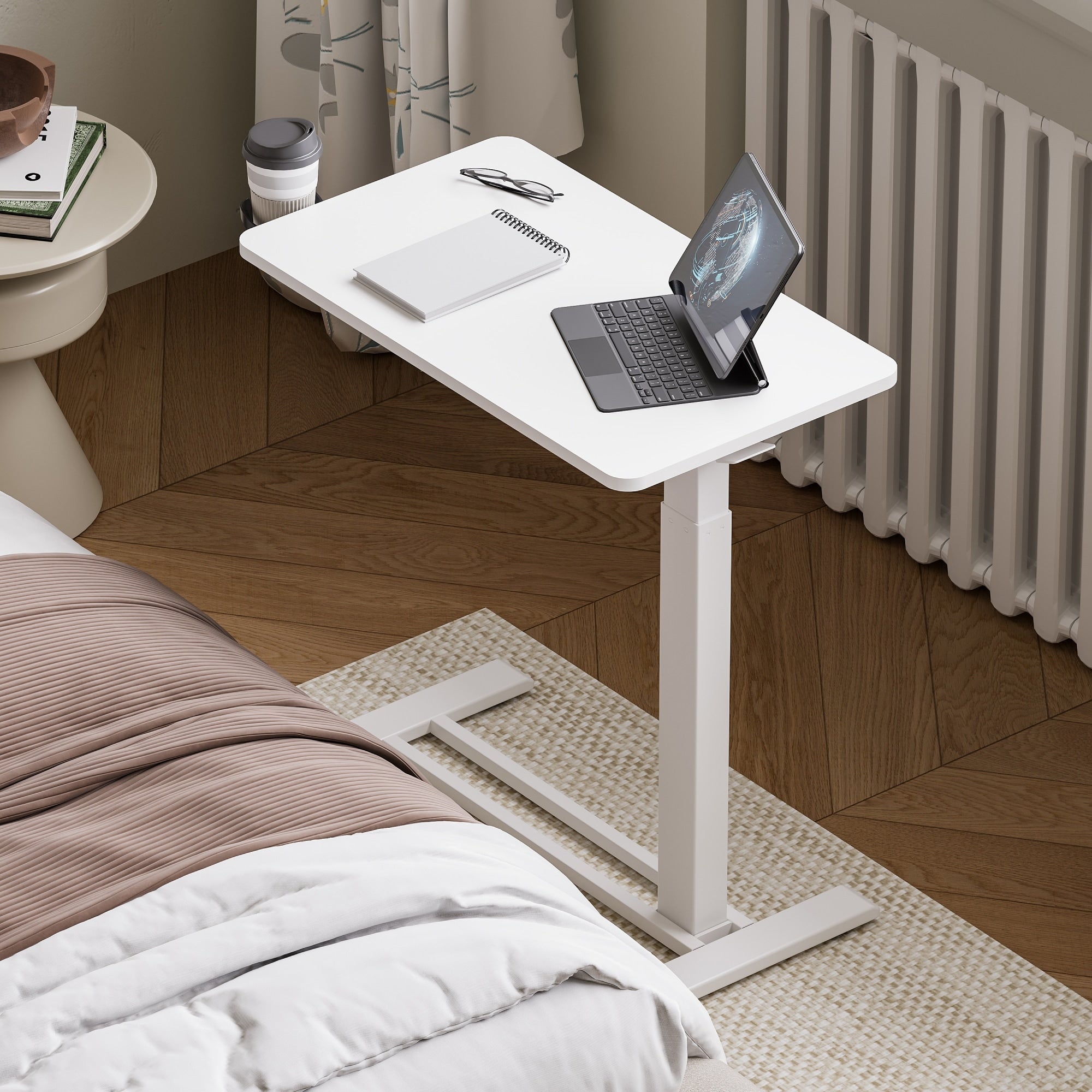 FunniHomi 28/32 Movable Overbed Table Height Adjustable Computer Desk with Wheels, White/Black Laptop Table for Bed and Sofa