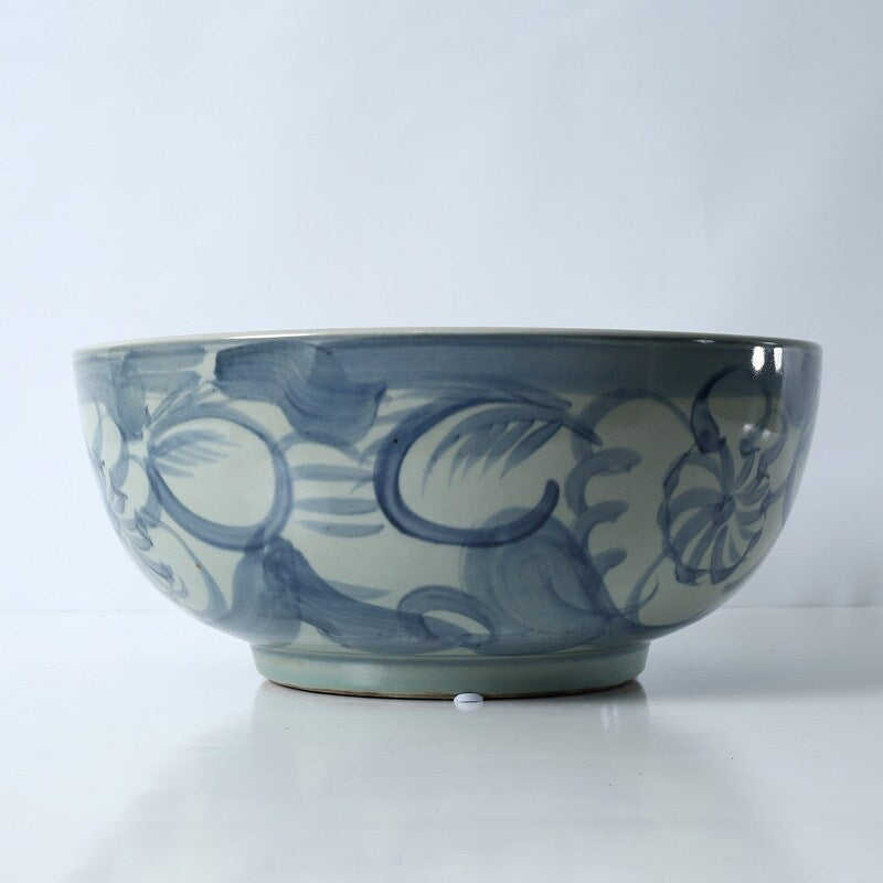 Approx. 16 Wide Blue and White Bowl with Flower Motif