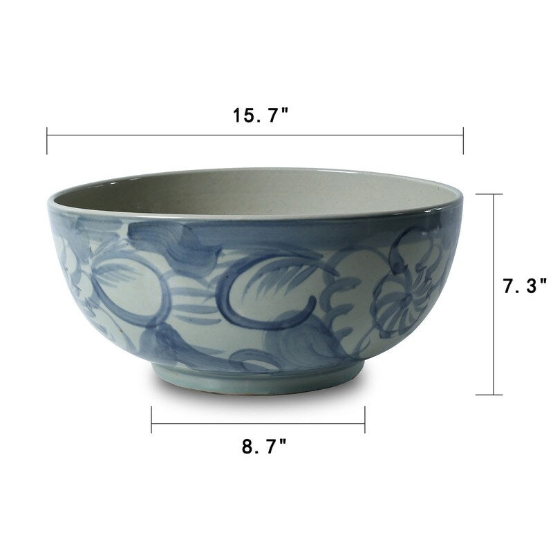 Approx. 16 Wide Blue and White Bowl with Flower Motif