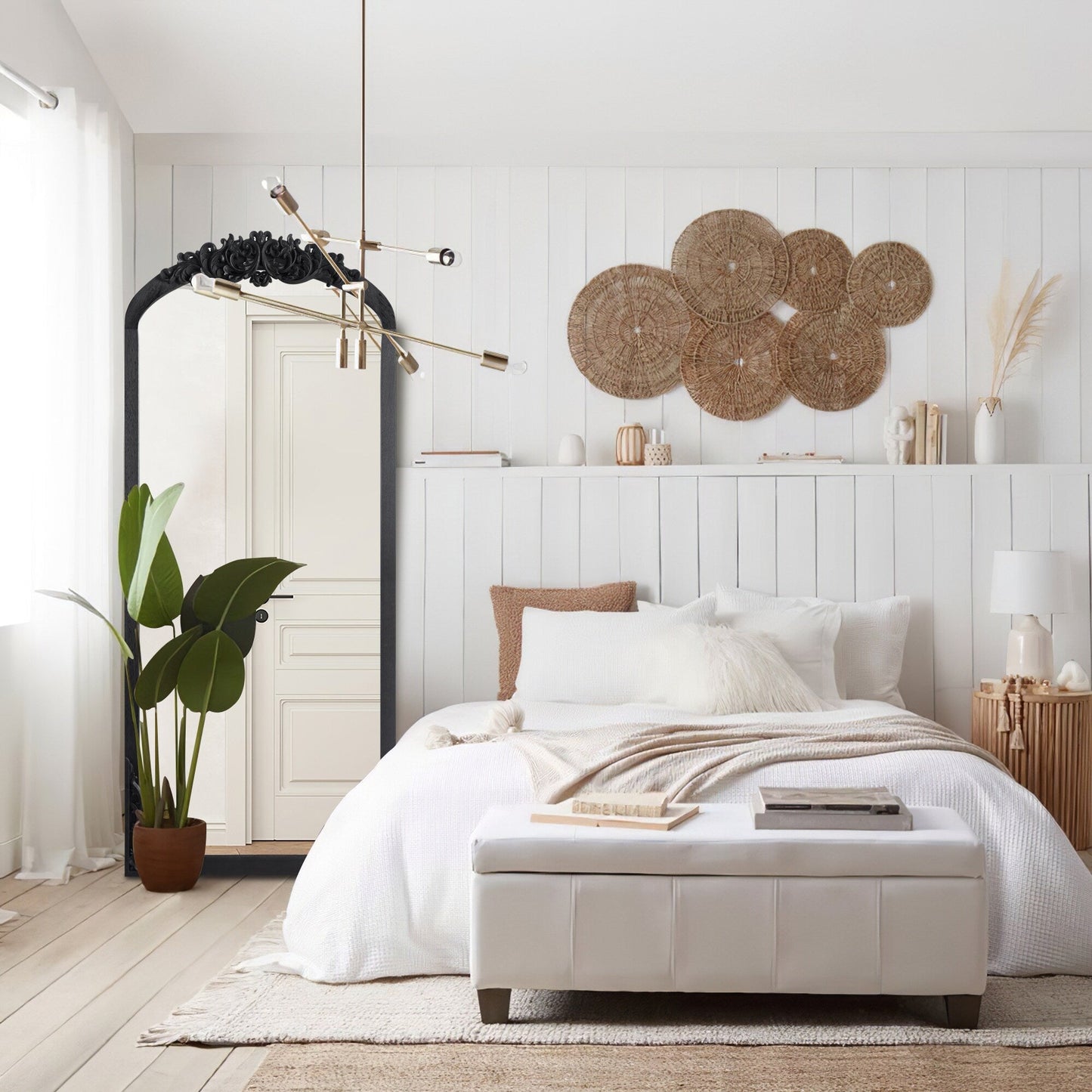 Arched Full-Length Solid Wood Carving Floor Mirror