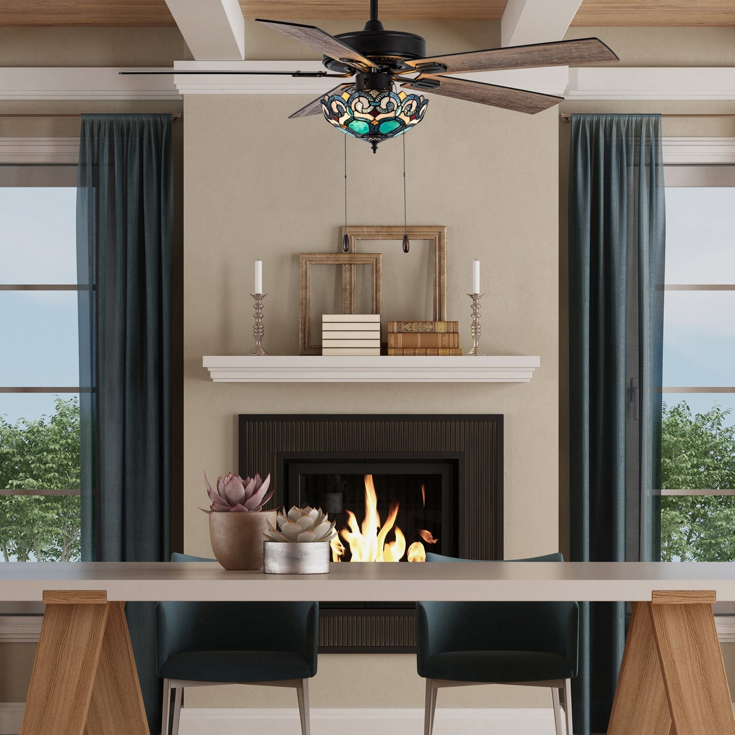 Astrid River of Goods Multicolored Oil-Rubbed Bronze and Stained Glass 3-Light 52-Inch Ceiling Fan - 52 x 52 x 14.75/19.75