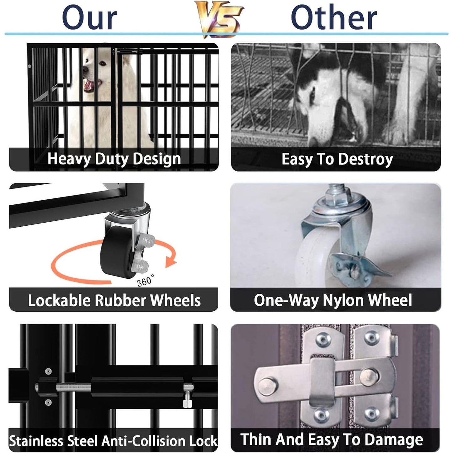 BOSSIN 48/38 inch Heavy Duty Indestructible Dog Crate, Escape Proof Dog Cage Kennel with Lockable Wheels