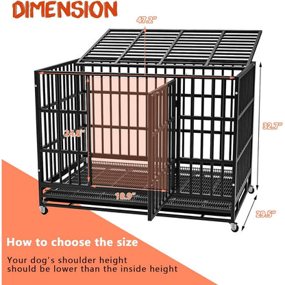 BOSSIN 48/38 inch Heavy Duty Indestructible Dog Crate, Escape Proof Dog Cage Kennel with Lockable Wheels