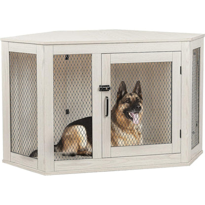 BOSSIN Corner Dog Crate Furniture,44/52 inch Wooden Dog Kennel Furniture with Mesh,Decorative Wood Dog House for Indoor use