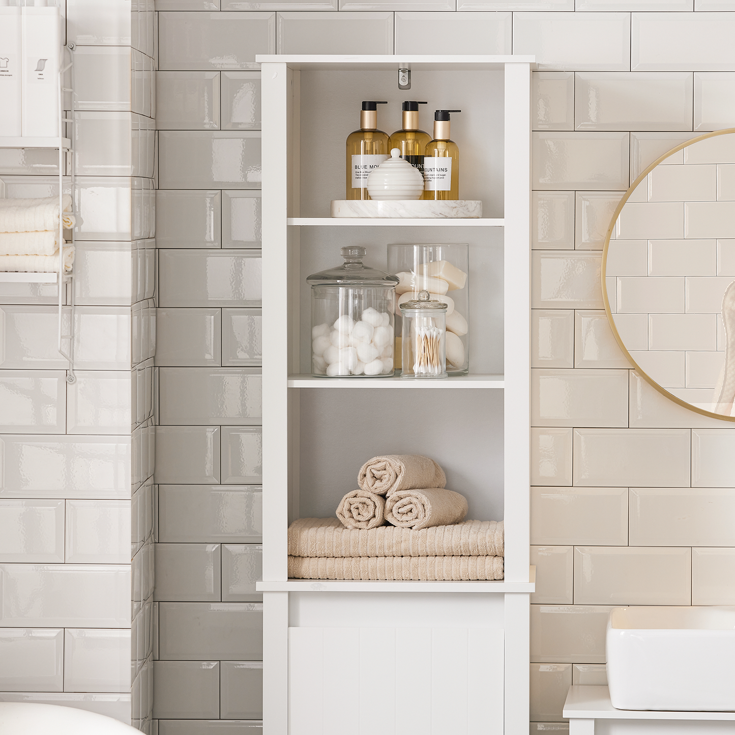 Armoire de salle de bain haute SoBuy BZR102-W avec panier à linge intégré