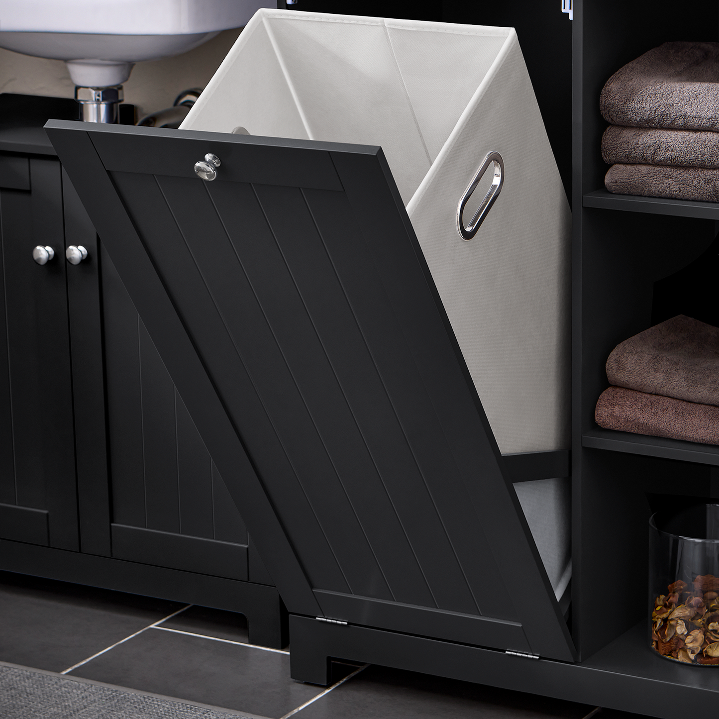 Armoire de rangement haute de salle de bain SoBuy avec panier à linge, coffre à linge BZR104-SCH