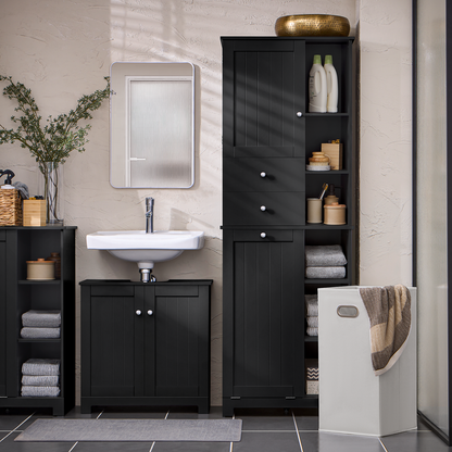 Armoire de rangement haute de salle de bain SoBuy avec panier à linge, coffre à linge BZR104-SCH