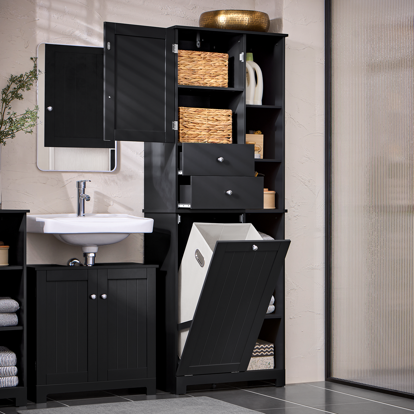 Armoire de rangement haute de salle de bain SoBuy avec panier à linge, coffre à linge BZR104-SCH