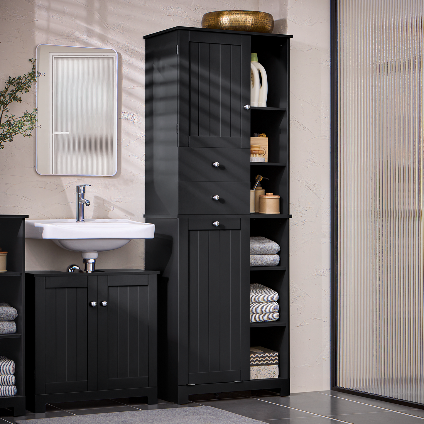 Armoire de rangement haute de salle de bain SoBuy avec panier à linge, coffre à linge BZR104-SCH