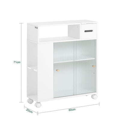 SoBuy BZR117-W, Meuble de rangement de salle de bain avec 2 portes coulissantes en verre, Porte-rouleau de papier toilette sur roulettes