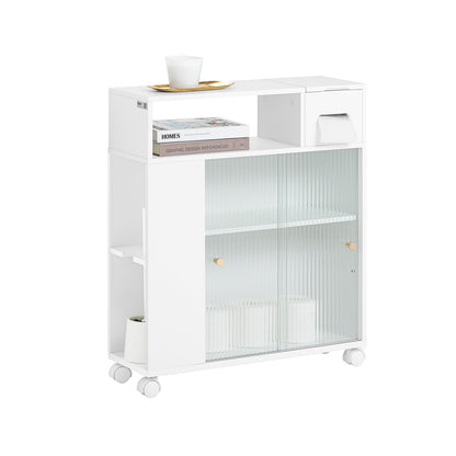 SoBuy BZR117-W, Meuble de rangement de salle de bain avec 2 portes coulissantes en verre, Porte-rouleau de papier toilette sur roulettes