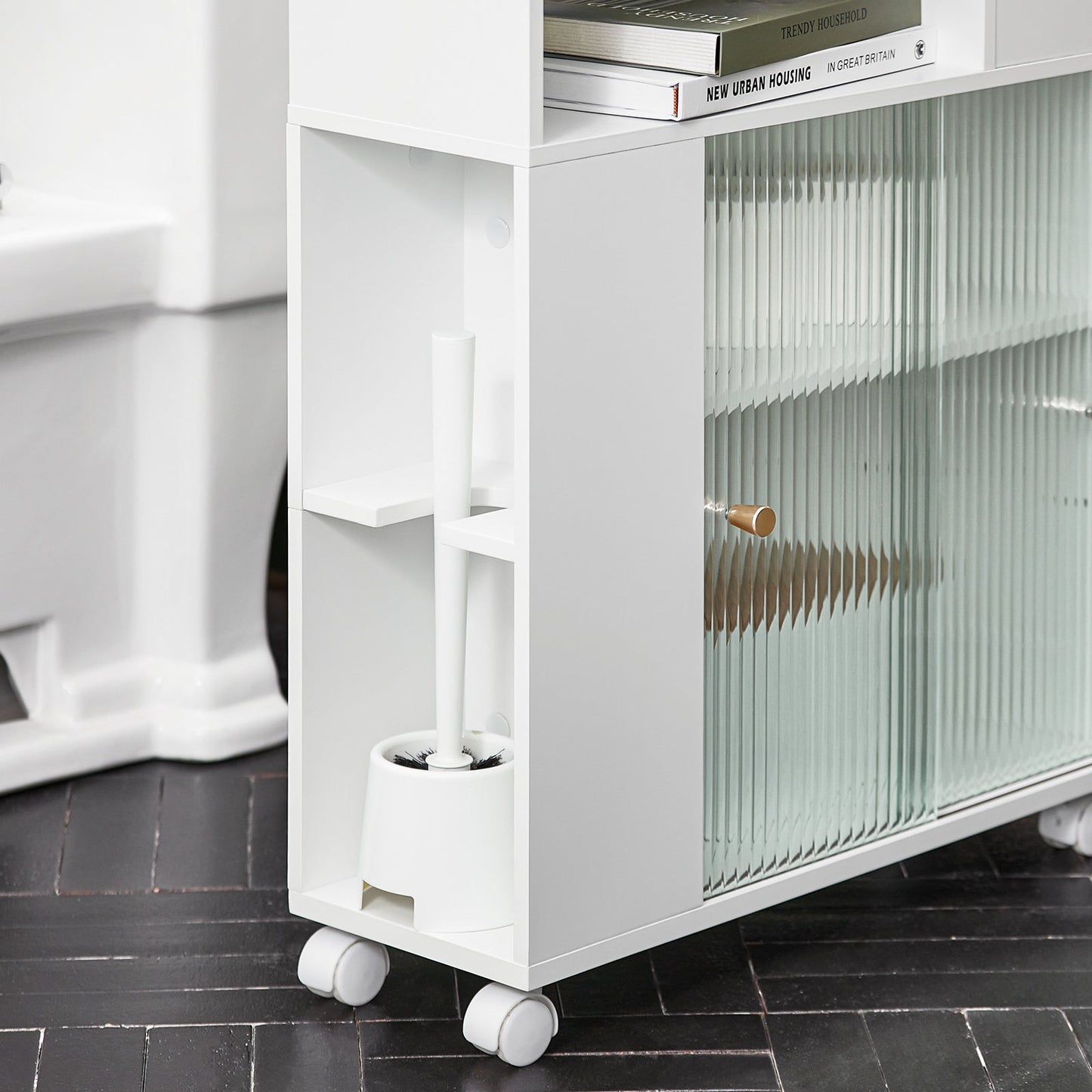 SoBuy BZR117-W, Meuble de rangement de salle de bain avec 2 portes coulissantes en verre, Porte-rouleau de papier toilette sur roulettes