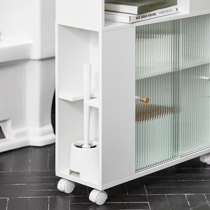 SoBuy BZR117-W, Meuble de rangement de salle de bain avec 2 portes coulissantes en verre, Porte-rouleau de papier toilette sur roulettes