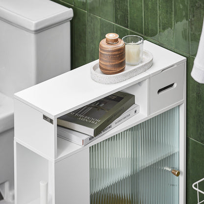 SoBuy BZR117-W, Meuble de rangement de salle de bain avec 2 portes coulissantes en verre, Porte-rouleau de papier toilette sur roulettes