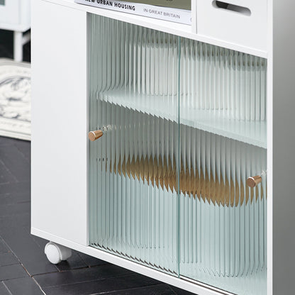 SoBuy BZR117-W, Meuble de rangement de salle de bain avec 2 portes coulissantes en verre, Porte-rouleau de papier toilette sur roulettes