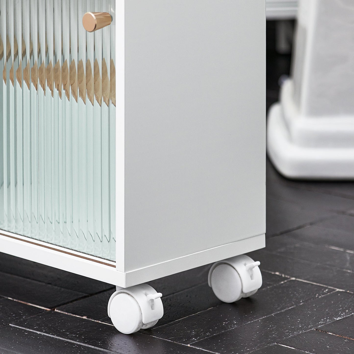 SoBuy BZR117-W, Meuble de rangement de salle de bain avec 2 portes coulissantes en verre, Porte-rouleau de papier toilette sur roulettes