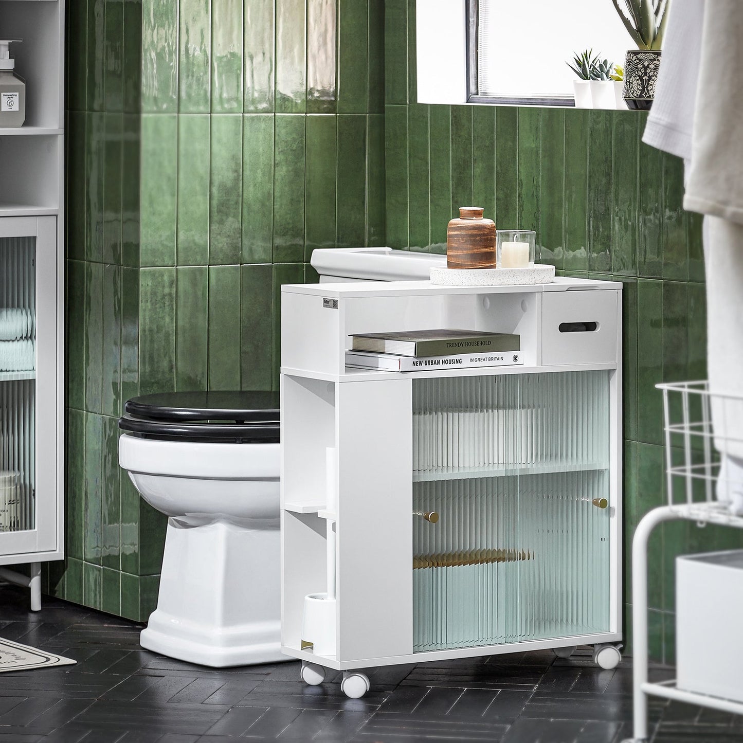 SoBuy BZR117-W, Meuble de rangement de salle de bain avec 2 portes coulissantes en verre, Porte-rouleau de papier toilette sur roulettes
