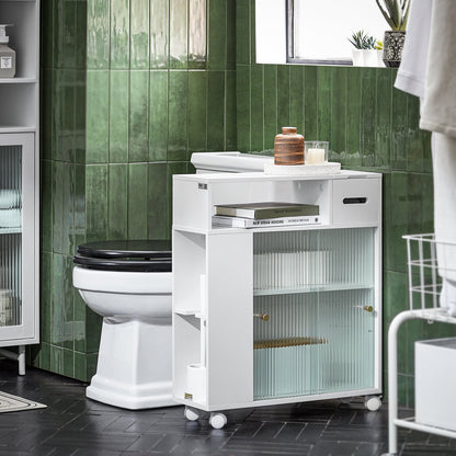 SoBuy BZR117-W, Meuble de rangement de salle de bain avec 2 portes coulissantes en verre, Porte-rouleau de papier toilette sur roulettes