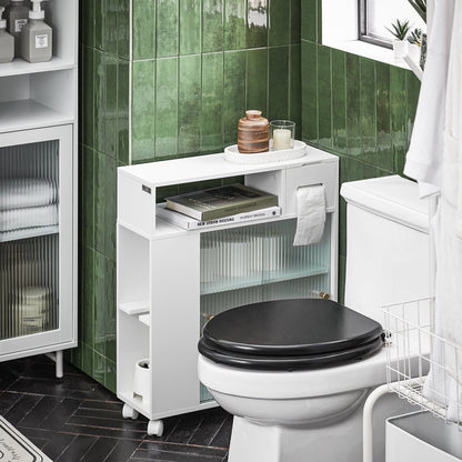 SoBuy BZR117-W, Meuble de rangement de salle de bain avec 2 portes coulissantes en verre, Porte-rouleau de papier toilette sur roulettes