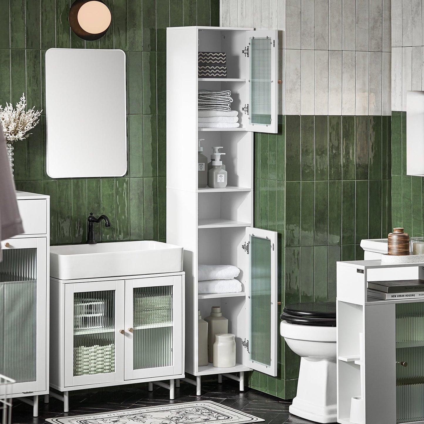 SoBuy BZR118-W, Armoire de salle de bain haute avec 2 portes vitrées