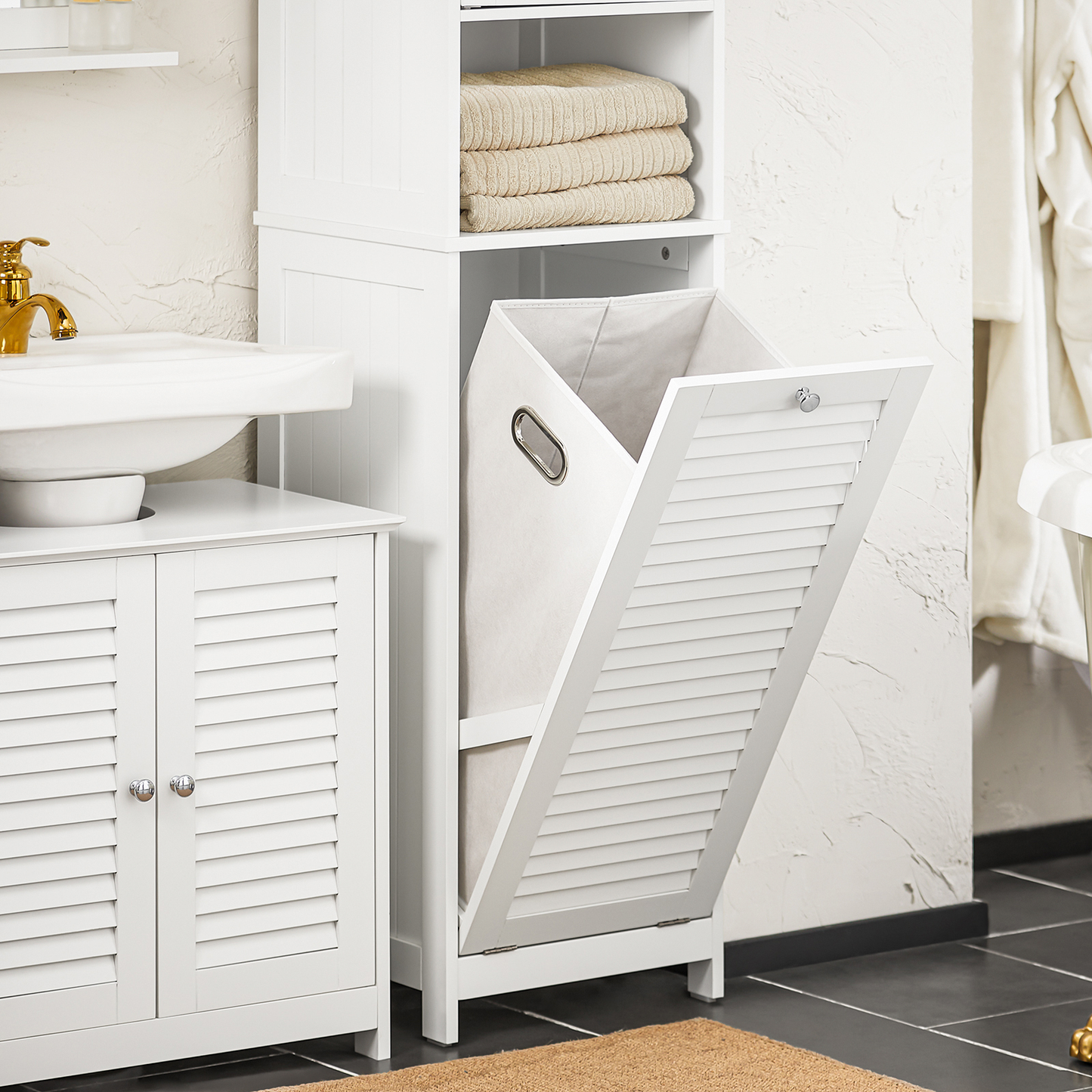Armoire de salle de bain haute SoBuy avec panier à linge BZR124-W