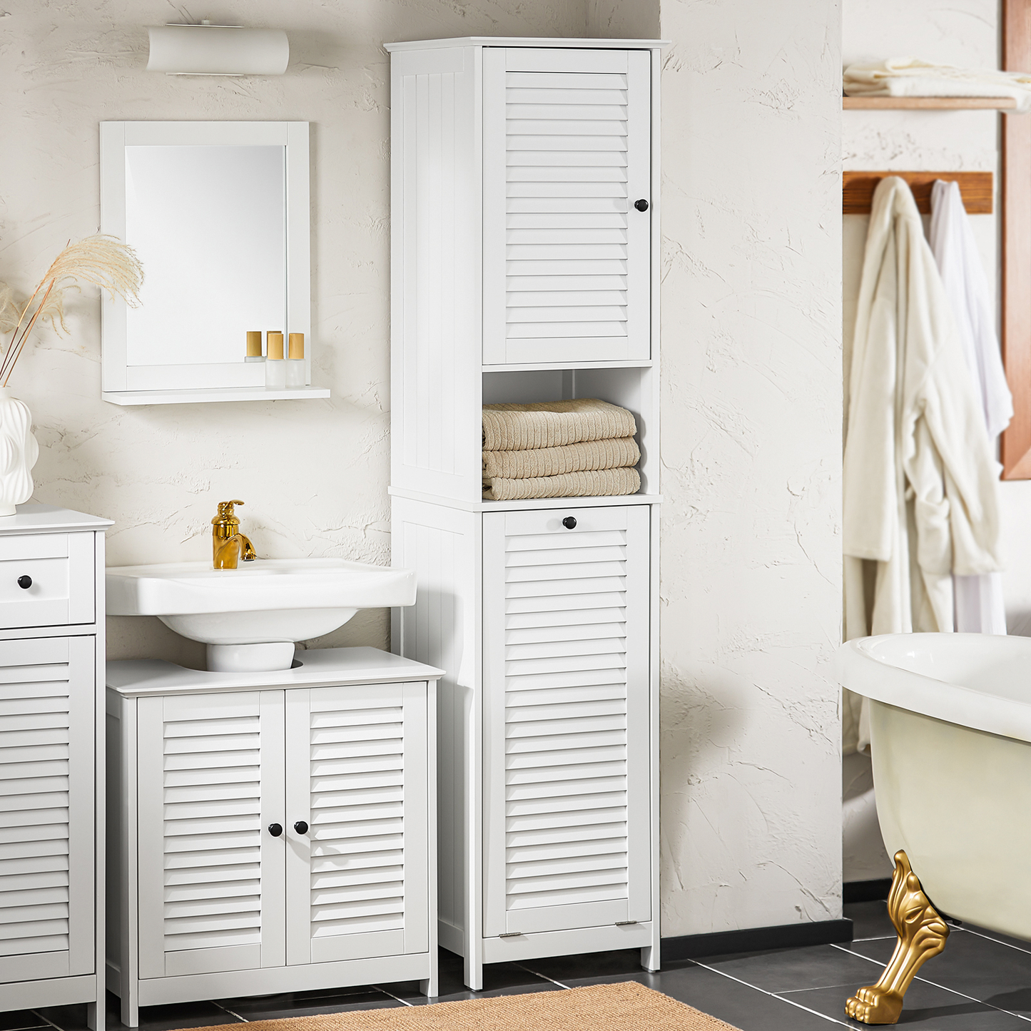 Armoire de salle de bain haute SoBuy avec panier à linge BZR124-W