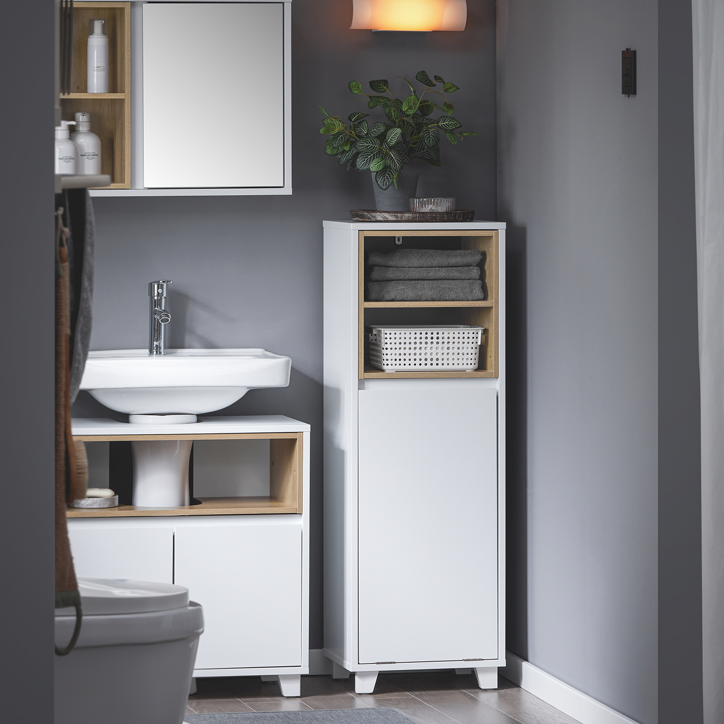 SoBuy Panier à linge de salle de bain, armoire de rangement pour buanderie BZR146-W