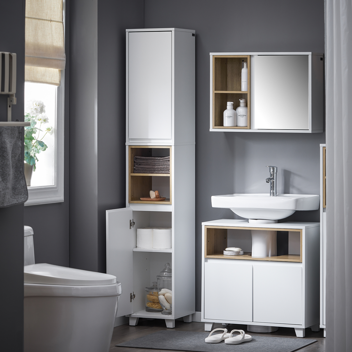 Armoire de salle de bain haute SoBuy, meuble de rangement pour salle de bain BZR147-W