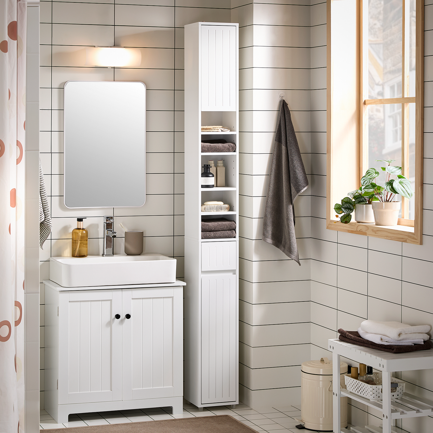 Armoire de salle de bain haute SoBuy, meuble de rangement pour salle de bain BZR160-W