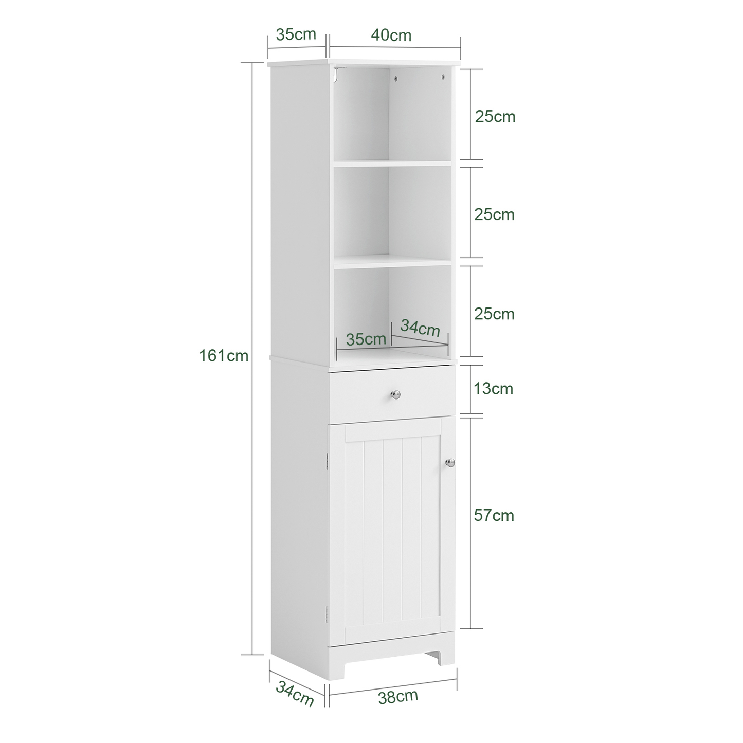 SoBuy BZR17-W, Meuble de rangement de salle de bain haut blanc avec 3 étagères, 1 tiroir et 1 placard, 40 x 35 x 161 cm