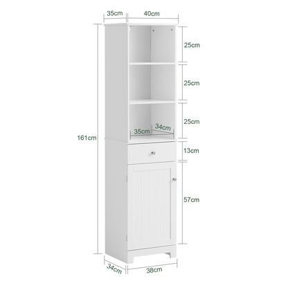 SoBuy BZR17-W, Meuble de rangement de salle de bain haut blanc avec 3 étagères, 1 tiroir et 1 placard, 40 x 35 x 161 cm