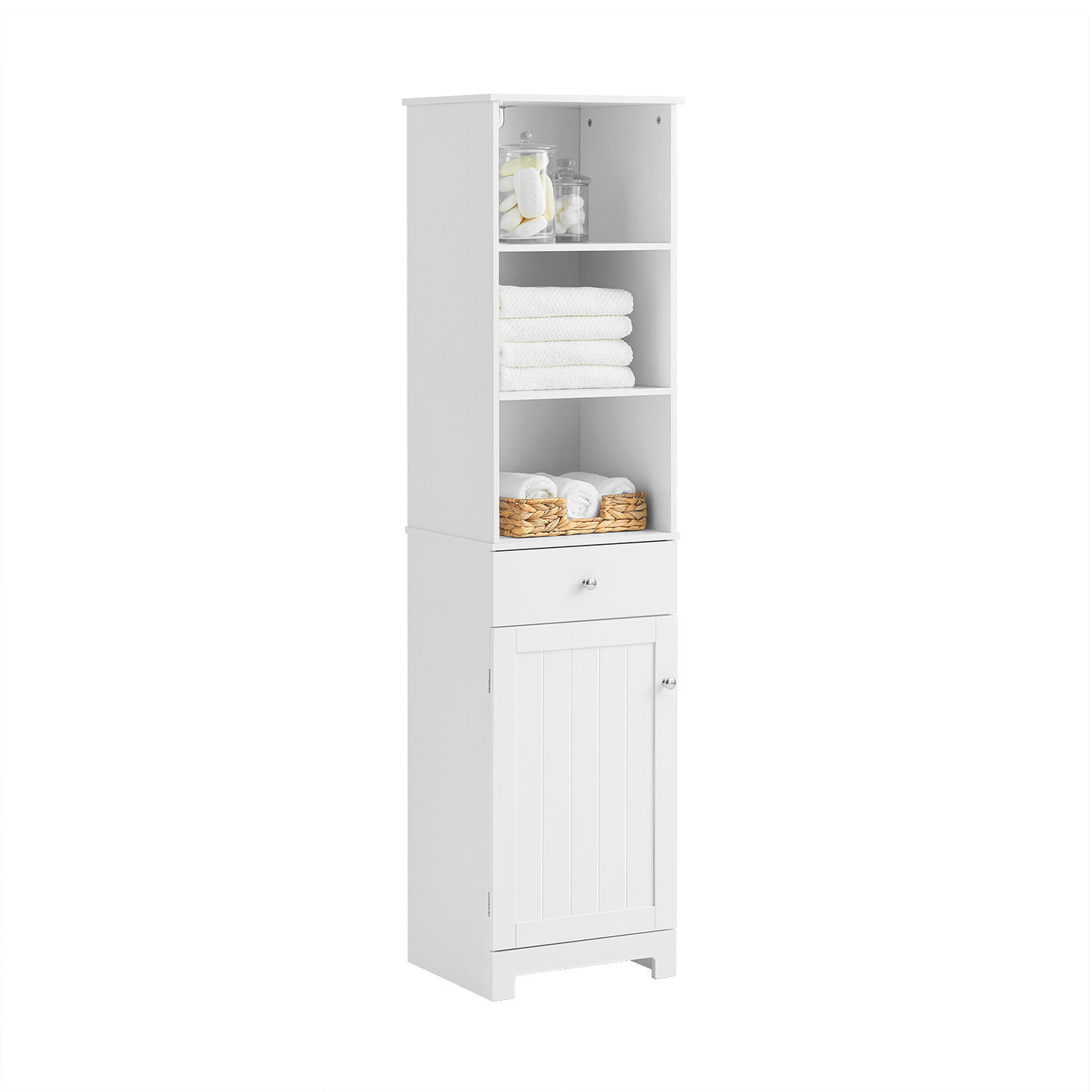 SoBuy BZR17-W, Meuble de rangement de salle de bain haut blanc avec 3 étagères, 1 tiroir et 1 placard, 40 x 35 x 161 cm