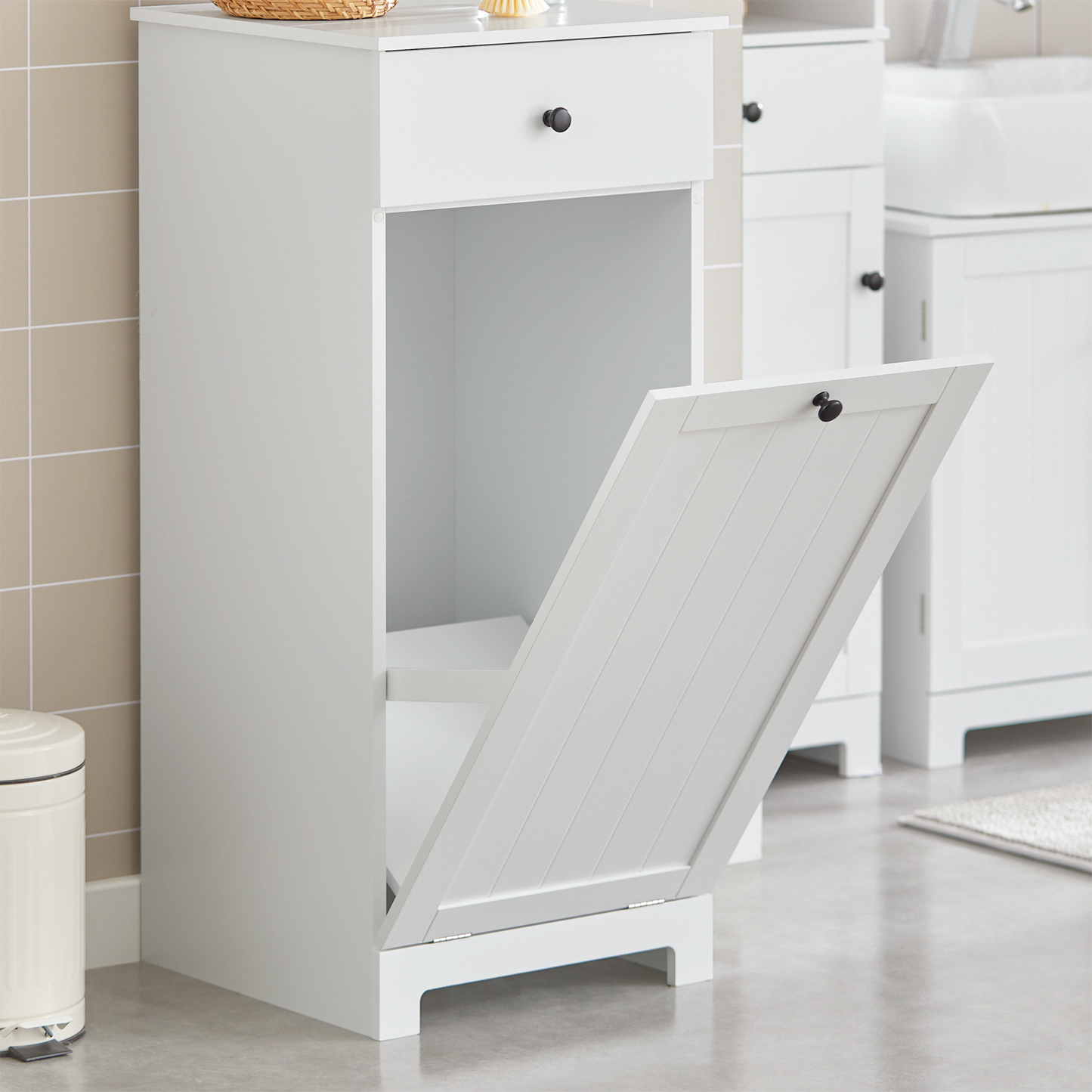 SoBuy Panier à linge blanc pour salle de bain, meuble de rangement avec tiroir, BZR21-W