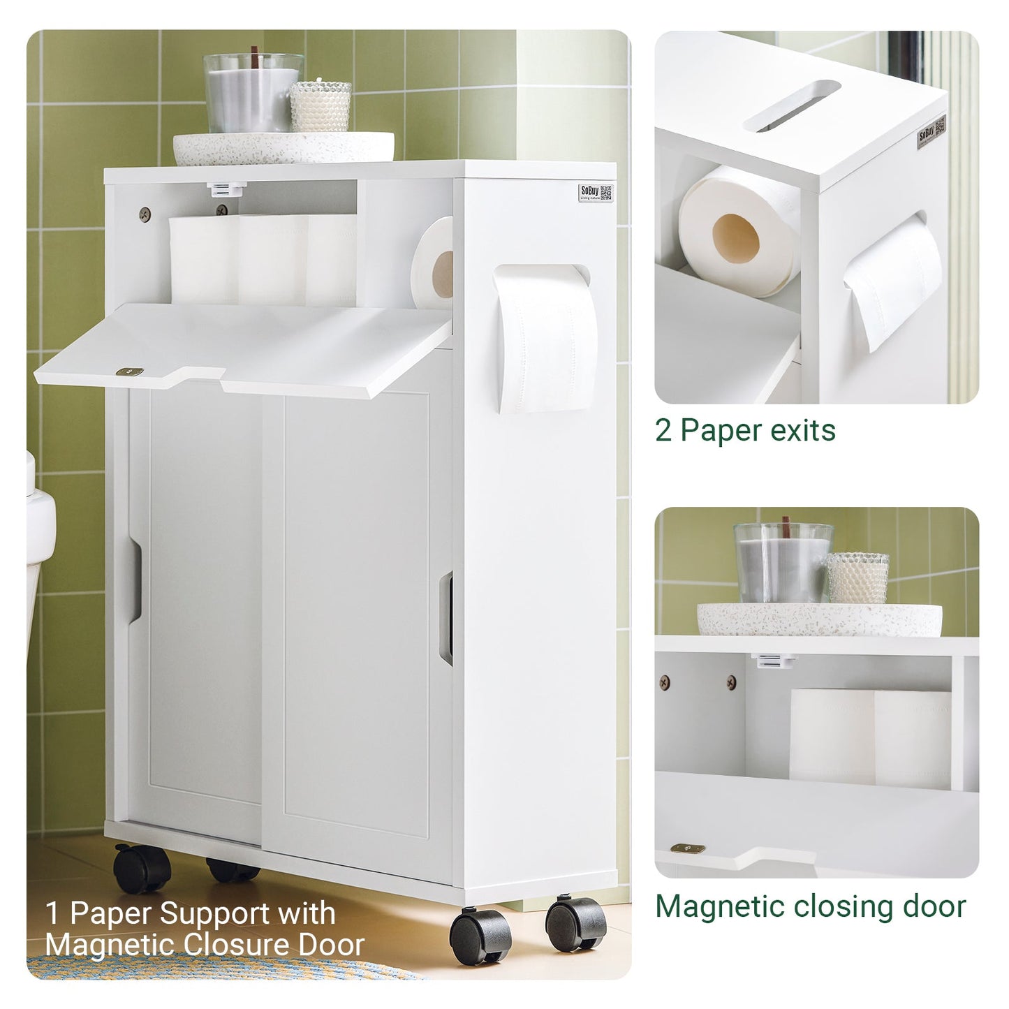 Meuble de salle de bain SoBuy avec étagère de rangement sur roulettes et armoire à papier toilette BZR31-W