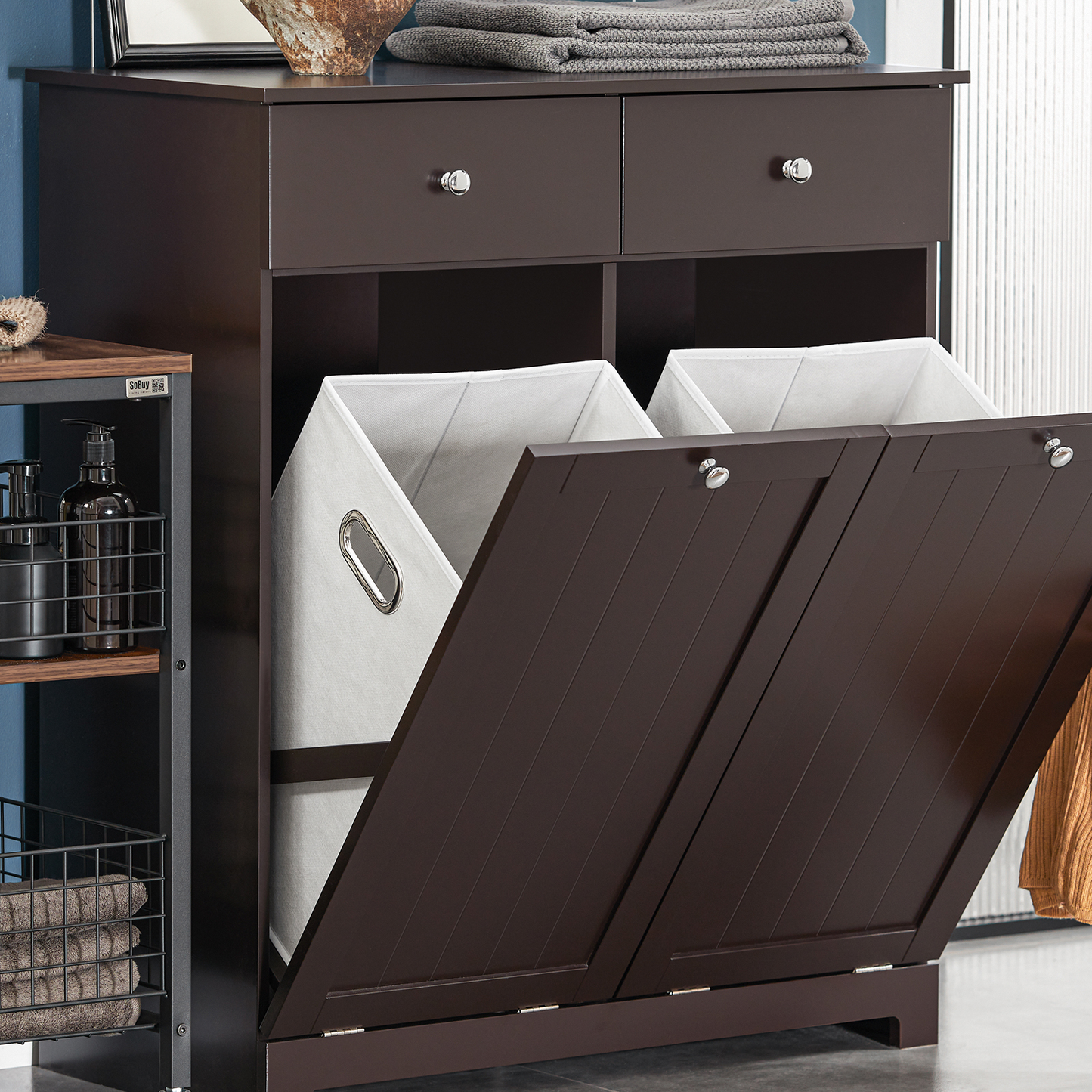 Armoire à linge SoBuy à 2 tiroirs et 2 portes avec paniers à linge BZR33-BR