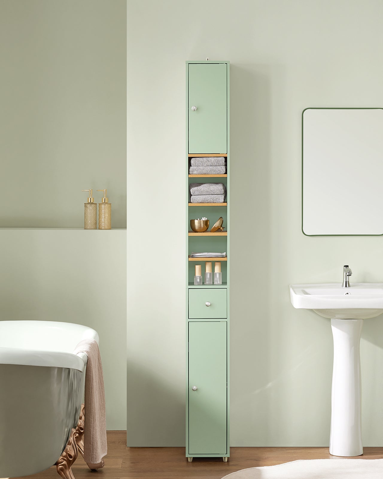 Armoire de salle de bain haute SoBuy avec 1 tiroir, 2 portes et étagères réglables - Meuble de rangement au sol BZR34-GR