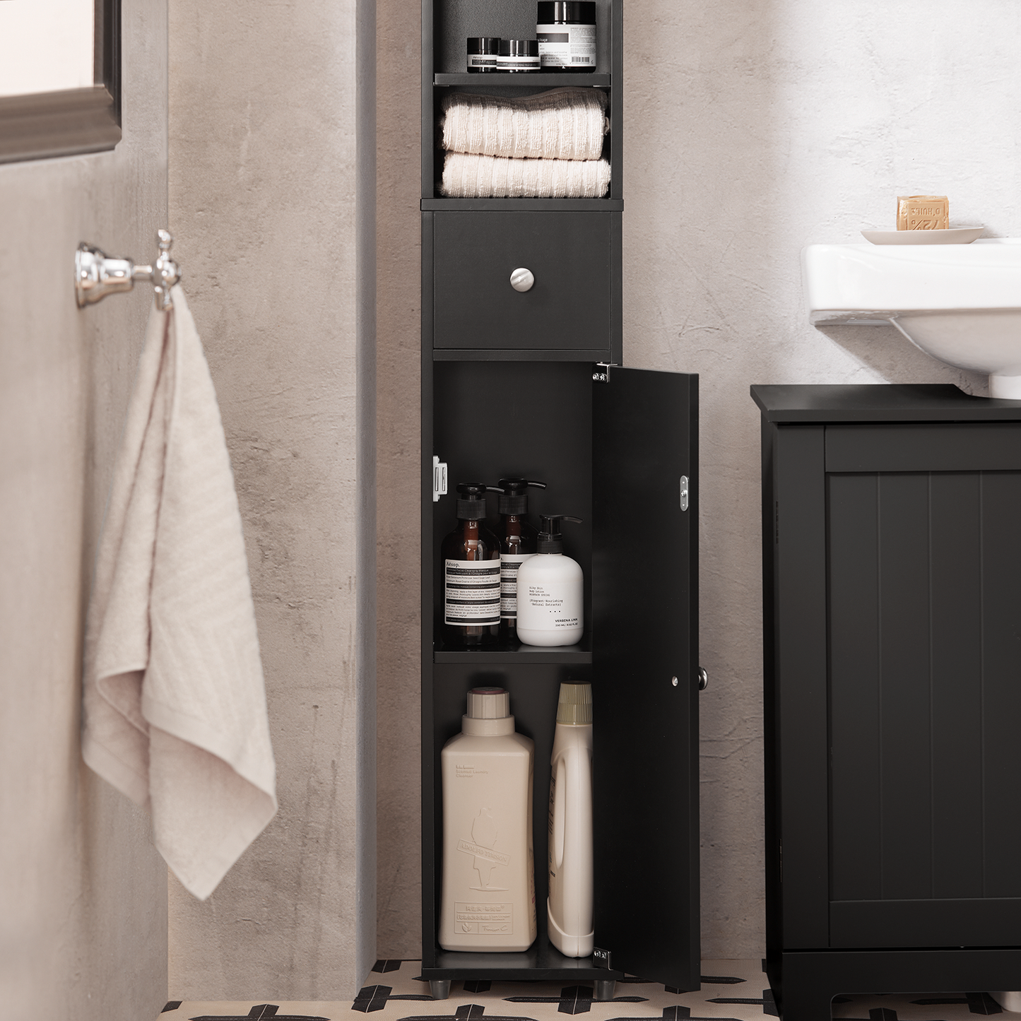 SoBuy BZR34-SCH, Meuble de salle de bain noir, étagère, armoire haute, 20 x 20 x 180 cm