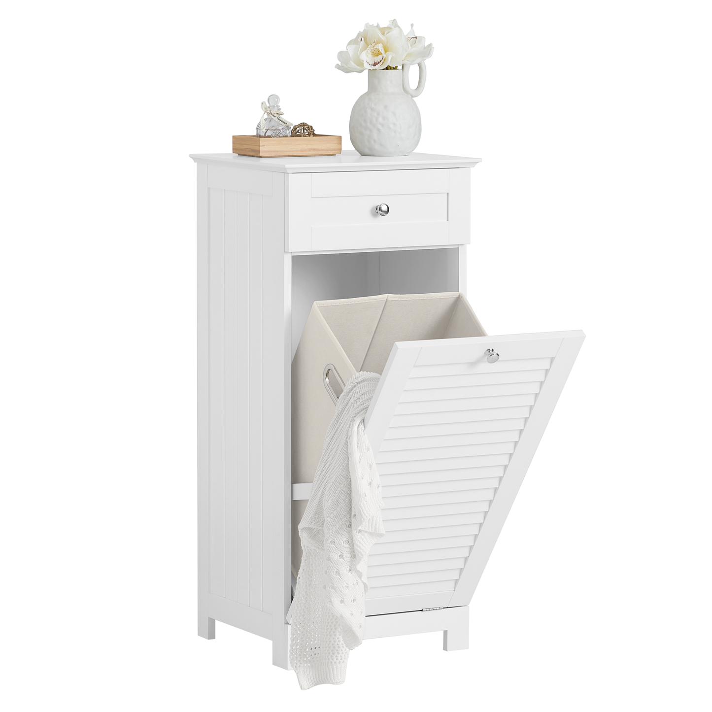 SoBuy BZR73-W, Meuble de rangement pour salle de bain avec tiroir et panier à linge, Meuble buanderie blanc
