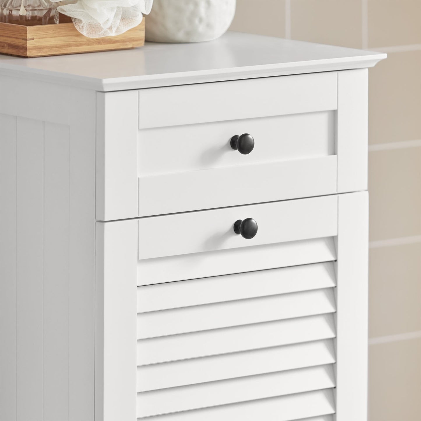 SoBuy BZR73-W, Meuble de rangement pour salle de bain avec tiroir et panier à linge, Meuble buanderie blanc