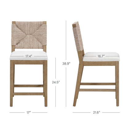 Beacon Bohemian Boucle Bar Stool, Upholstered Counter Height Chair with Solid Wood Frame and Woven Seagrass Back