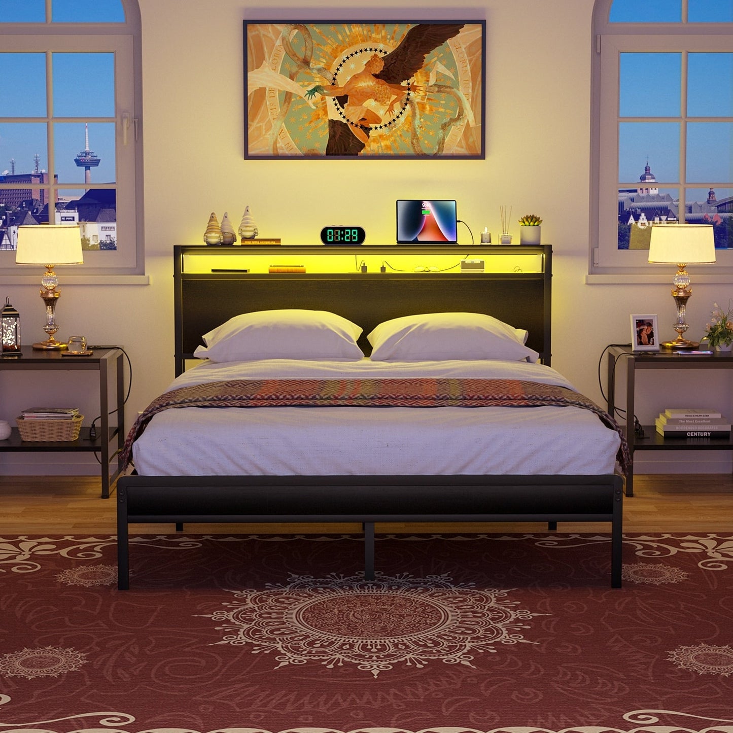 Farmhouse Wood Platform Bed Frame with Charged Station and LED Lights