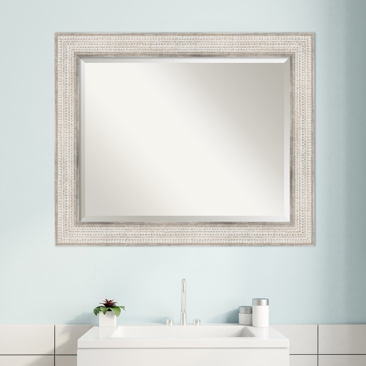 Beveled Wood Bathroom Wall Mirror - Trellis Silver Frame - Trellis Silver