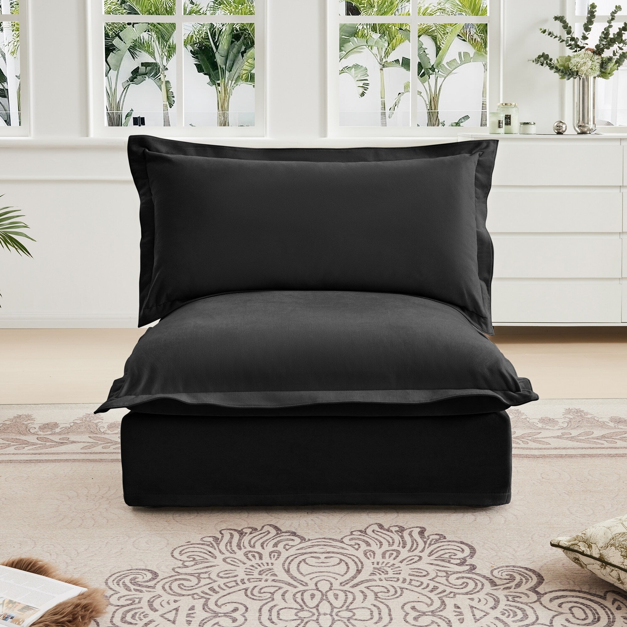 Black Chenille Armless Sofa 1 Seat Modern Removable Cover Sturdy Wood Frame 34.64 Inch Height