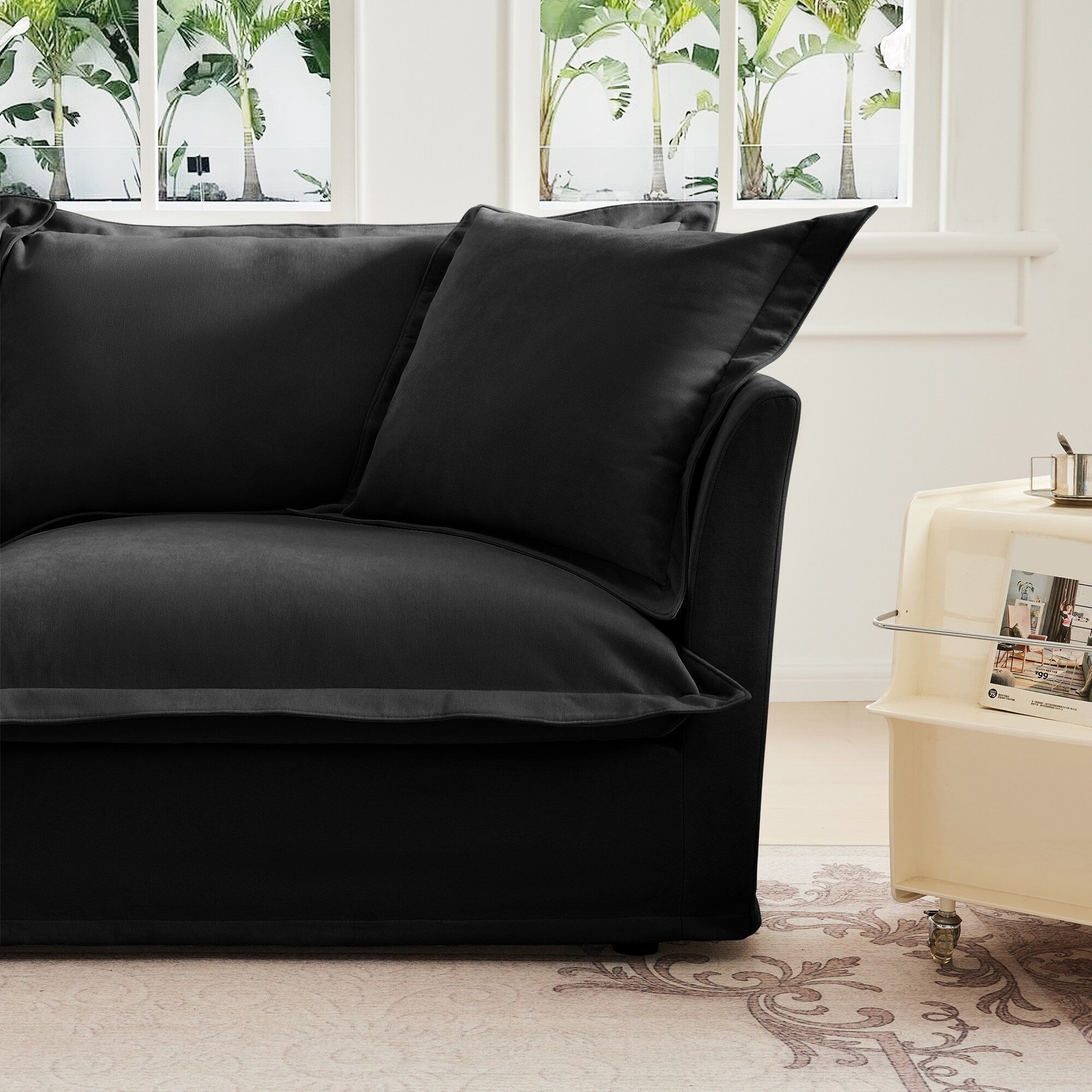 Black Chenille Armless Sofa 1 Seat Modern Removable Cover Sturdy Wood Frame 34.64 Inch Height