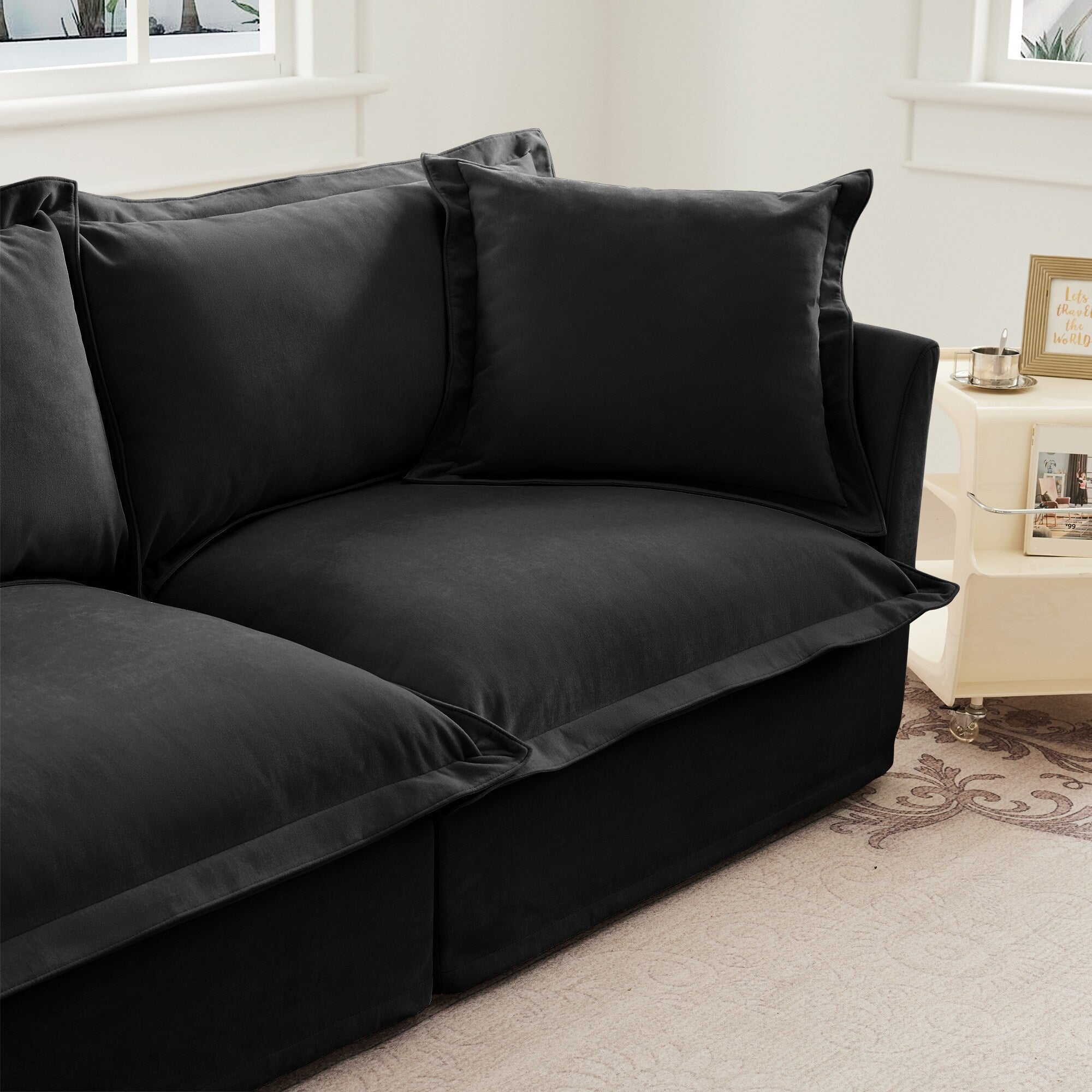 Black Chenille Armless Sofa 1 Seat Modern Removable Cover Sturdy Wood Frame 34.64 Inch Height