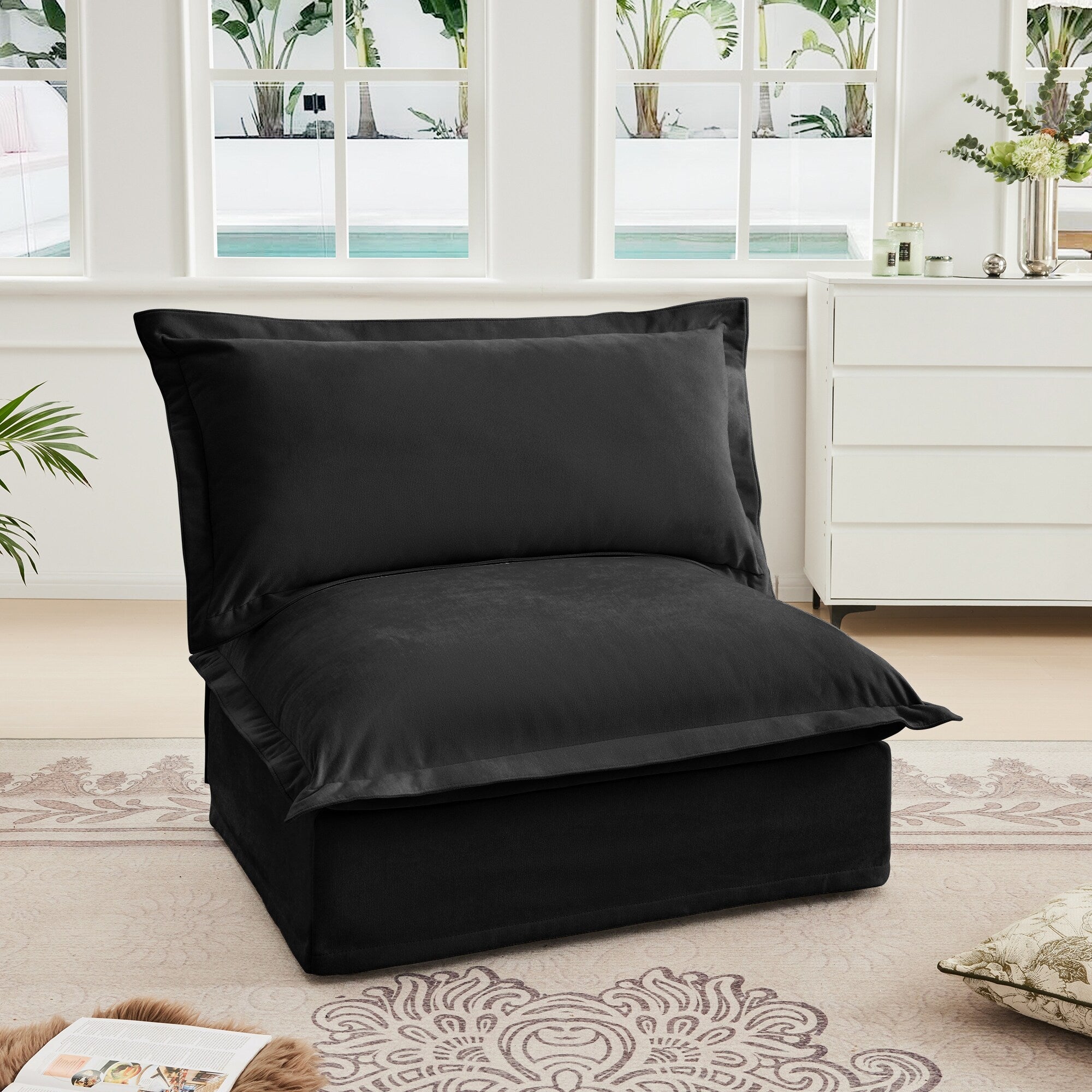 Black Chenille Armless Sofa 1 Seat Modern Removable Cover Sturdy Wood Frame 34.64 Inch Height