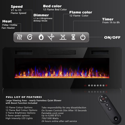 Bossin 30 to 72 inch Electric Fireplace Ultra-Thin and Silence Linear Recessed Wall Mounted Fireplace with Remote Control