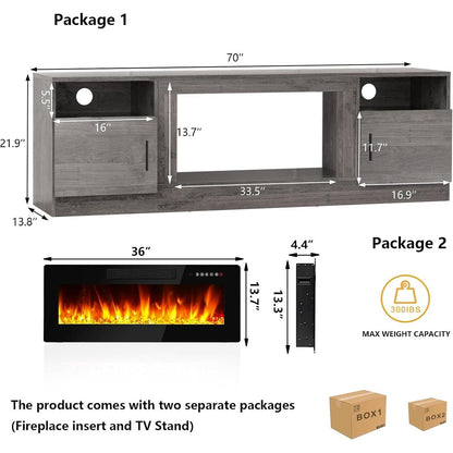 Bossin 70 Fireplace TV Stand with 36 Electric Fireplace, TV Stand for TVs Up to 80, 16 Colors LED Lights/Entertainment Center