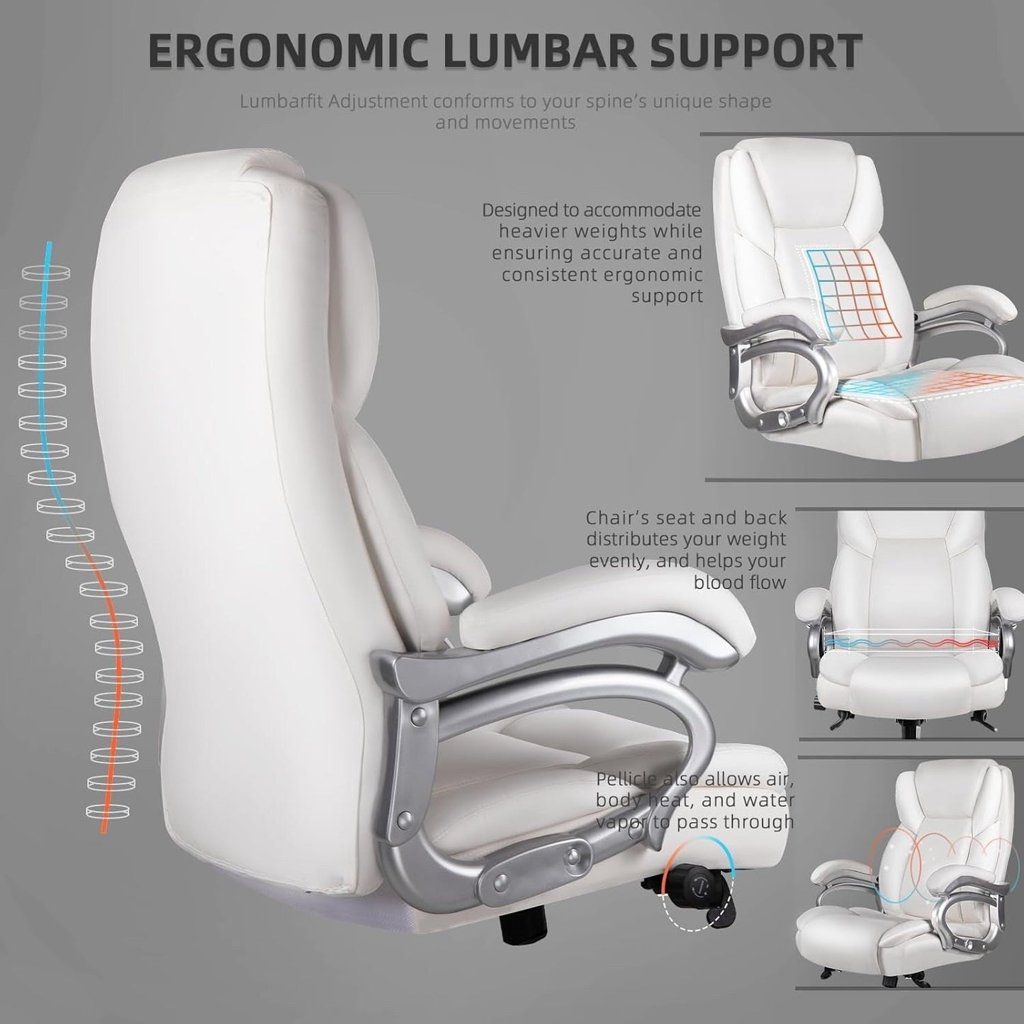 Bossin Big and Tall Executive Office Chair,500LBS Adjustable Lumbar Support Ergonomic Chair with High Back PU Leather Computer